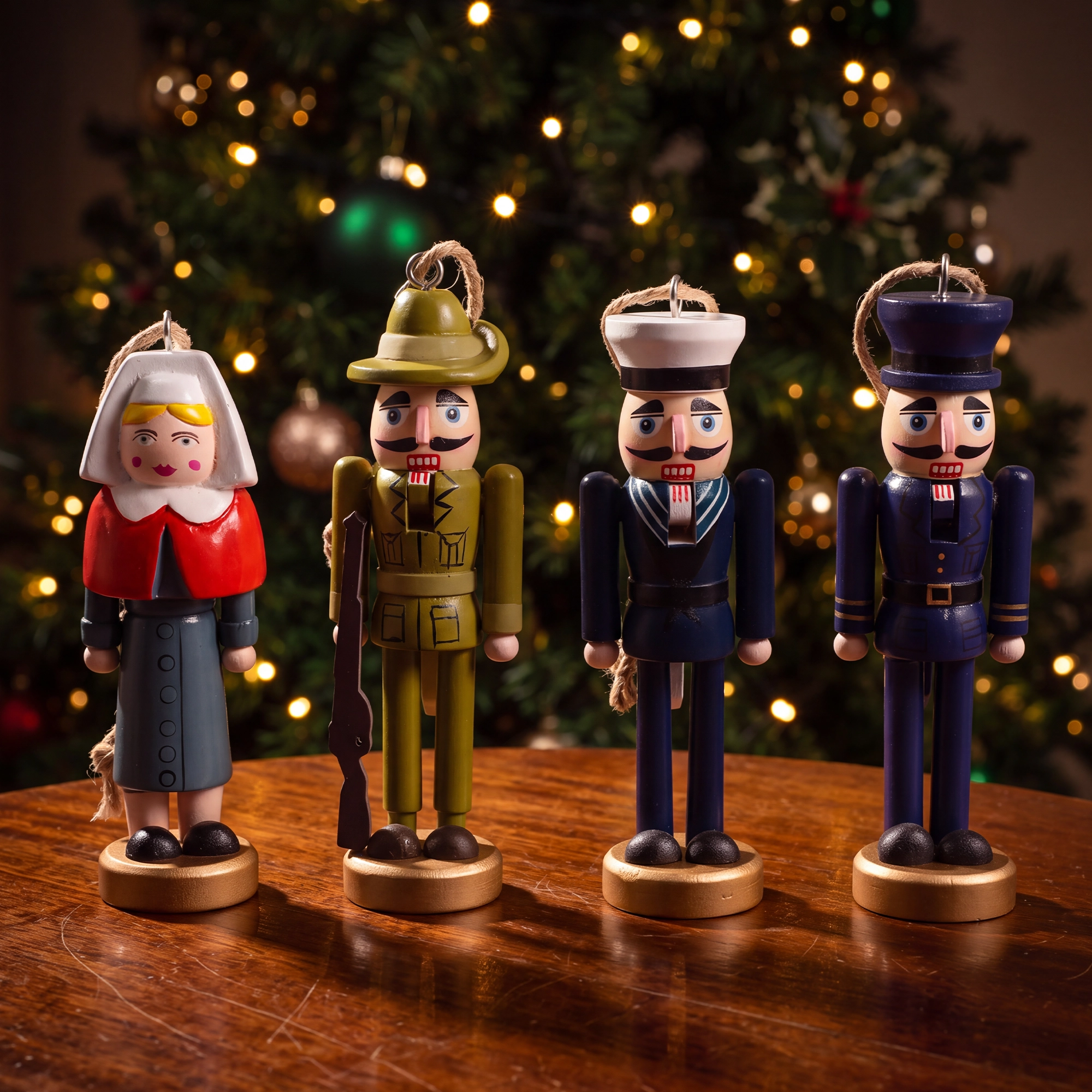 Christmas military nutcracker ornaments with christmas tree in the background